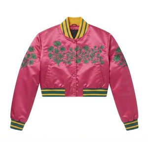Wholesale of winter Satin Windbreaker <b>Women</b> Plus Size Satin Bomber Jacket Embroidered Letter Rose Zip Up Stand <b>Collar</b> Crop Top - Product Image 5