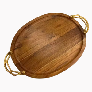 Bandeja de servir de madera de mango de calidad superior con asa de metal de cobre para vajilla de lujo para hoteles y restaurantes. - Product Image 2