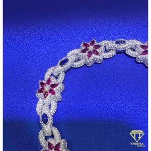 Luxury Floral Lab Grown <b>Bracelet</b> with Ruby <b>Red</b> Marquise Cut Stones and Blue Oval Accents Fully Iced Out Diamond Look Jewelry - Product Image 4