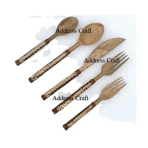 Forquilha de madeira de acácia ecologicamente correta, faca e colher para utensílios de cozinha, conjunto de talheres de madeira com cabo de vime