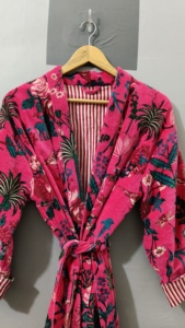Pink Floral Printed Women's Indian Velvet <b>Kimono</b> Wrap Tie Robe <b>Jacket</b> Finished Reversible Eco-Friendly Long Coat Winter Bridal - Product Image 5