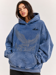 Oversized Front Rhinestone Print Acid Washed French Terry 100% Cotton Eco-Friendly Vintage Y2K Streetwear Unisex Pullover <b>Hoodie</b> - Product Image 1