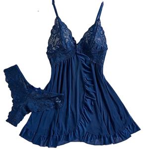 Robe de nuit sexy grande taille pour femmes avec sous-vêtements à volants en dentelle chemises de nuit et culottes profondes ensemble de pyjama pour le sommeil - Product Image 3