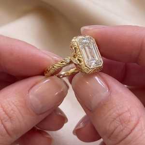 Yellow Plated Moissanite 5CT <b>Emerald</b> Cut Diamond Classic Art Deco <b>Ring</b> Original 925 <b>Silver</b> Birthdays Anniversary Gift For Friend - Product Image 6