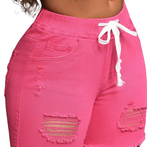 Womens Casual Hot Pink Denim Shorts <b>Elastic</b> Mid <b>Waist</b> Skinny Fit Drawstring Ripped Distressed Raw Hem Streetwear Fashion <b>Jeans</b> - Product Image 3
