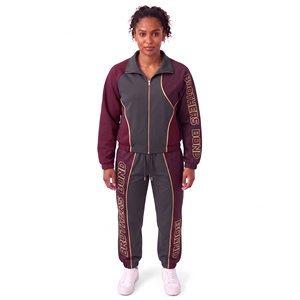 Ensemble de survêtement pour femme personnalisé, couleur bordeaux, avec empiècements gris, veste à col bomber, pantalon de sport, ensemble 2 pièces, vêtements de sport décontractés - Product Image 5