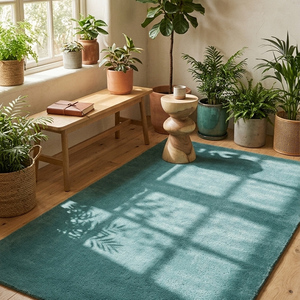 Tapis texturé en laine bleu sarcelle tufté à la main, antidérapant, à poils épais, uni, pour salon, chambre, salle à manger, maison moderne - Product Image 1