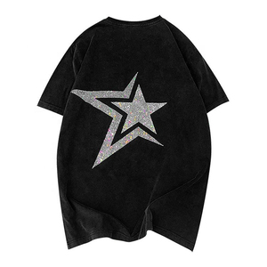 Rhinestone Streetwear T <b>Shirt</b> Oversized Acid Washed Heavy Cotton <b>Y2K</b> Casual Hip Hop Fashion Tee Top Breathable & Soft Unisex - Product Image 1