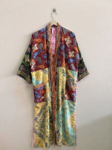 Boho Style Women's Silk Kimono Indian Patchwork Robe Perfect Vacation Wear Nightwear V-neck - Product Image 3