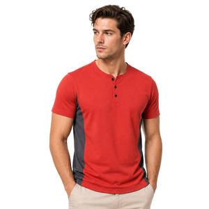 Camiseta de hombre con logotipo personalizado OEM, de alta calidad, con paneles laterales en contraste, de dos tonos, con cuello abotonado, informal, roja y gris. - Product Image 1