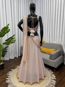 Lehenga Sari beige en faux georgette avec broderie de fils et de sequins, tenue ethnique pour femmes pour les mariages et les fêtes - Product Image 3