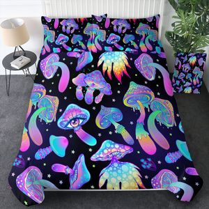 Parure de lit 3D motif champignon – 3 pièces, taille double, motif noir coloré, douce et confortable, ensemble de literie décoratif à motif de dessin animé - Product Image 1