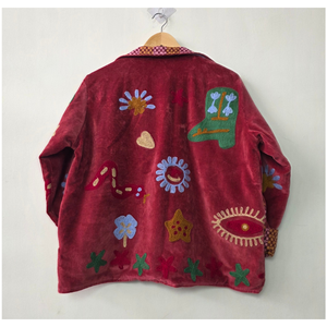 Prairie Chic Embroidered Woven Velvet <b>Quilted</b> <b>Jacket</b> Red Floral <b>Pattern</b> Spread Collar Full Sleeve Autumn Women's Wear - Product Image 3