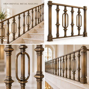 Rampe d'escalier classique en métal bronze avec balustres ovales et poteaux carrés décoratifs pour intérieurs de villas élégantes - Product Image 5