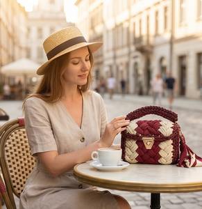 Bolso Metálico con Borde Marrón, Bolso Hecho a Mano con Perlas, Bolso de Dos Asas, Bolso de Hombro Estilo Boho, Tejido de Cordón de Algodón para Mujer - Product Image 2