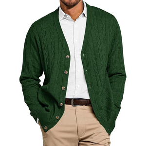 Cardigan en laine verte pour homme, col en V, manches longues, tricot épais, fermeture boutonnée, vêtement d'automne - Product Image 6