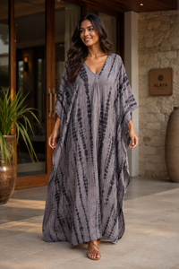 Boho Tie Dye 100% Cotton Eco-Friendly <b>Kaftan</b> Dress V-Neck Modern Maxi Kimono Robe Natural Waist <b>Summer</b> Beachwear Women Resort - Product Image 4