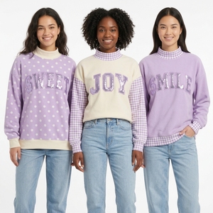 Manufacturer OEM High Quality 100% Cotton Custom <b>Purple</b> Sequined Happy Letter Logo Oversized Mock Neck Sweatshirts Women - Product Image 5