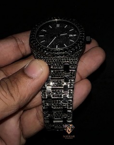 Navkar Diamonds Men's Black Diamond <b>Watch</b> 42mm Stainless Steel <b>Watch</b> Round <b>Case</b> Analog Quartz Date Display Luxury Fashion <b>Watch</b> - Product Image 2