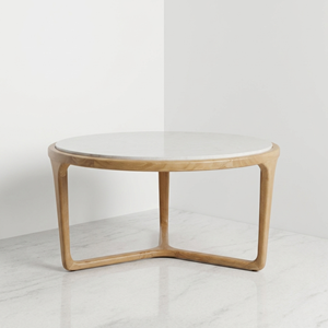 Table basse ronde en teck pour hall d'hôtel commercial, avec insert en pierre naturelle, table centrale pour villa de villégiature, mobilier de salon - Product Image 2