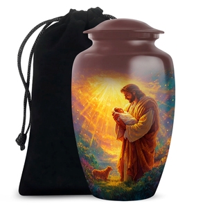 Urnes funéraires en métal Jésus-Christ pour cendres humaines, grande urne religieuse en laiton pour adulte avec sac en velours, fournisseur d'articles funéraires - Product Image 2
