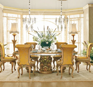 ชุดโต๊ะรับประทานอาหารรูปวงรีไม้สักแท้สีทองหรูหรา ดีไซน์ยุโรปคลาสสิก ทนทาน เป็นมิตรกับสิ่งแวดล้อม เหมาะสำหรับโรงแรม - Product Image 1