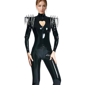 Combinaison moulante noire en PU à col roulé et manches longues pour femme, taille haute, fermeture éclair frontale, style clubwear - Product Image 2