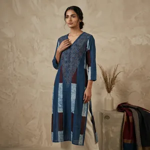 Women <b>Blue</b> S Silk Hand Embroidered Kurti V Neck Three Quarter Sleeve Straight Fit Ethnic <b>Tunic</b> Elegant Traditional Casual Wear - Product Image 1