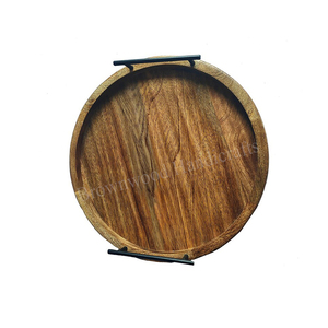 Handmade Round Stylish Burnt Natural Finished Mango Wood Serving Tray with Metal Handles for Restaurant and Hotel <b>Kitchen</b> Use - Product Image 1