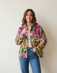 Handcrafted Woven Velvet Tiger Embroidered <b>Quilted</b> Jacket Artisanal Rajasthani Festive Winter Boho Breathable Eco-Friendly Thick - Product Image 2