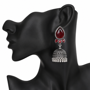 Factory Direct Pink Teardrop Stone Jhumka <b>Earrings</b> for Women Antique <b>Silver</b> Tone Ghungroo Bell Indian Tribal Statement Jewelry - Product Image 2