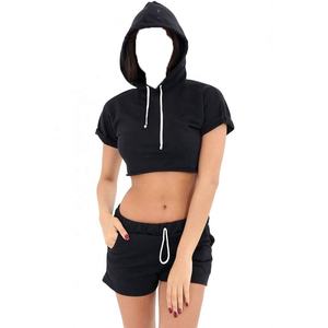 Ensemble de survêtement d'hiver pour femmes en gros 2022, ensemble court personnalisé en deux pièces, hauts courts et shorts, tenues 100% coton - Product Image 4