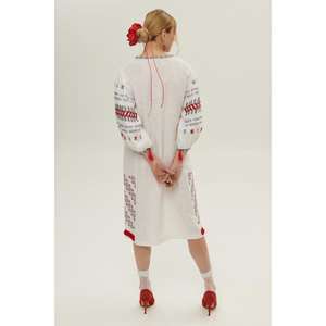 Vestido Midi de Lino Lavable Ecológico Blanco Bordado para Mujer al por Mayor con Cinturón, Túnica Kurti Étnica de Manga Larga - Product Image 4