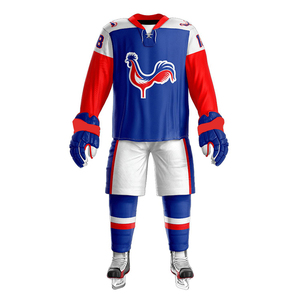 Ensemble d'uniformes de hockey sur glace respirants personnalisés, bleu, rouge, blanc, logo coq, impression par sublimation, jersey en polyester, pantalon, gants, adulte homme - Product Image 1