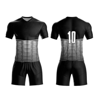 Maillot de football personnalisable, ensemble complet, noir, col en V, manches courtes, évacuation de l'humidité, nom du joueur, anti-UV, respirant, pour hommes - Product Image 1