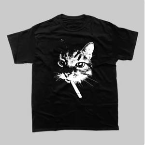Camiseta Vintage para Hombre con Gráfico de Gato Fumando, Negra, de Algodón, Divertida, Estilo Meme, Streetwear Alternativo, Manga Corta - Product Image 1