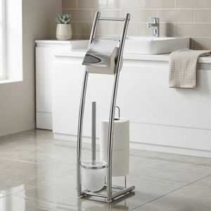 PROMO Support de papier toilette et brosse WC autoportant moderne pour la maison, finition chrome métallique écologique, marque Pristique - Product Image 1