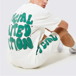 เสื้อยืดคอกลมผ้าฝ้าย 100% ลายมัดย้อมสำหรับผู้ชาย พร้อมกางเกงขาสั้น ชุดออกกำลังกายลายพิมพ์เรียบ ชุดเสื้อยืดแบบกำหนดเอง - Product Image 1