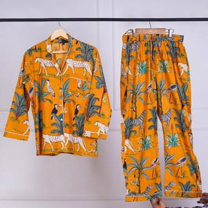Conjunto de Pijama Floral Tejido para Mujer, Ropa de Dormir de Algodón, Elegante Conjunto de Noche con Camisa y Pantalones de Secado Rápido - Product Image 1