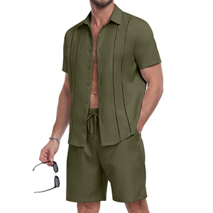 Ensemble chemise et short pour homme, vert olive, manches courtes, couleur unie, vêtements décontractés d'été, col rabattu, tissu polyester respirant - Product Image 2