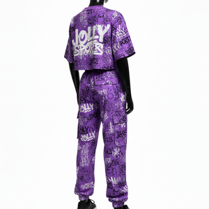 Conjunto de Pantalones y Top Corto para Mujer, Premium, 220 GSM, Poliéster y Algodón, Estampado de Grafiti Morado, Sublimación, Logotipo Personalizado - Product Image 5
