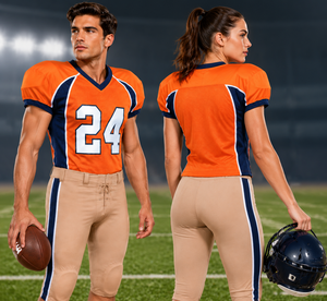 Ensemble d'uniformes de football américain unisexe personnalisés, imprimés, dernier design 2026, orange et bleu marine, en polyester de haute qualité - Product Image 1