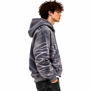 เสื้อฮู้ดซิปผู้ชายสีเทาแบบวินเทจลายกราฟิกสไตล์สตรีทแวร์ - Product Image 3