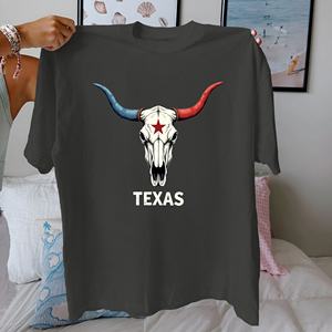 Camiseta de Mujer con Estampado de Calavera de Vaca de Texas, Corte Regular Informal, 100% Algodón, Cuello Redondo, Manga Corta, para Todas las Temporadas - Product Image 6
