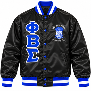 Phi Beta Sigma Black Royal Blue <b>Men</b> Satin Varsity <b>Jacket</b> with Greek <b>Letter</b> Embroidery Crest Snap Button Fraternity College - Product Image 3