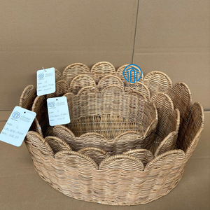 Round Natural Handwoven Rattan <b>Storage</b> <b>Basket</b> Scallop Design Natural Weave Sustainable Organizer <b>Basket</b> Wholesale Bulk Factory - Product Image 2