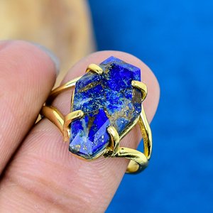 แหวนพลอยลาพิส ลาซูลีทองแดงธรรมชาติ รูปทรงโลงศพ ชุบทอง 18k บนเงินแท้ 925 - Product Image 3