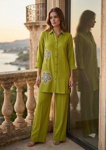 Ensemble chemise et pantalon pour femme en coton et lin mélangé, violet, coupe classique, longueur au sol, style décontracté, style Inde Pakistan, 2 pièces - Product Image 3