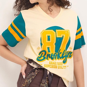 New Arrival Women's V-Neck Contrast Sleeve <b>T</b>-<b>Shirt</b> Loose Fit Casual Short Sleeve Cotton Jersey Spring Summer Diamonds <b>Sequined</b> - Product Image 4