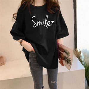 Nouveau T-shirt décontracté pour femme en jersey tricoté à manches courtes, imprimé SMILE, coupe ample, en tissu polyester - Product Image 5